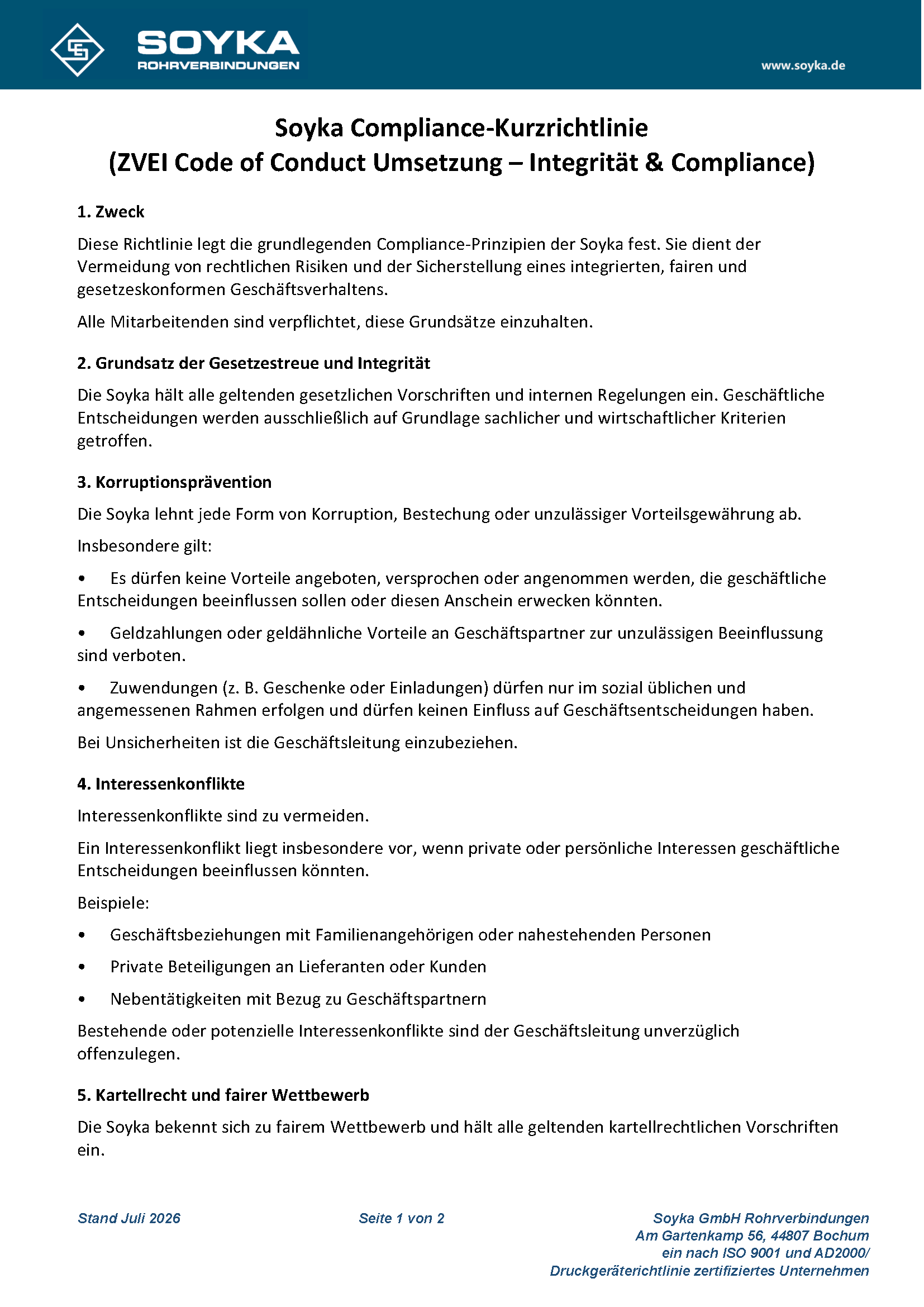 Soyka Compliance-Kurzrichtlinie