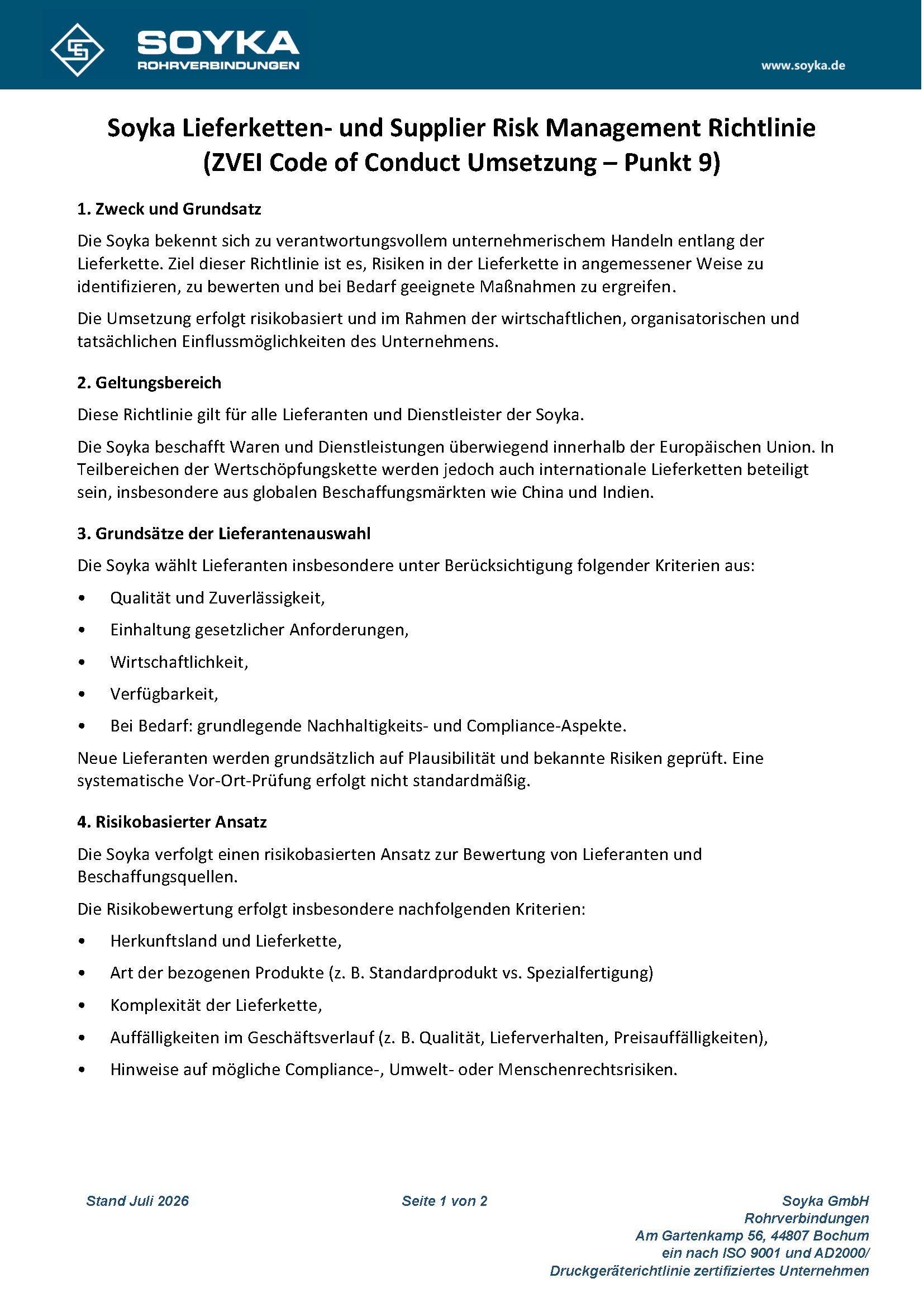 Soyka Lieferketten- und Supplier Risk Management Richtlinie